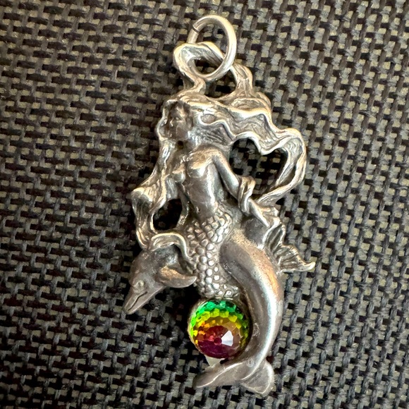 Mermaid on Dolphin Pendant Necklace -  Sterling Silver - Picture 4 of 7
